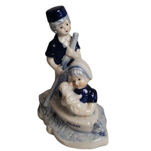Vintage Blue Delft Deco Holland Boy and Girl with Dog